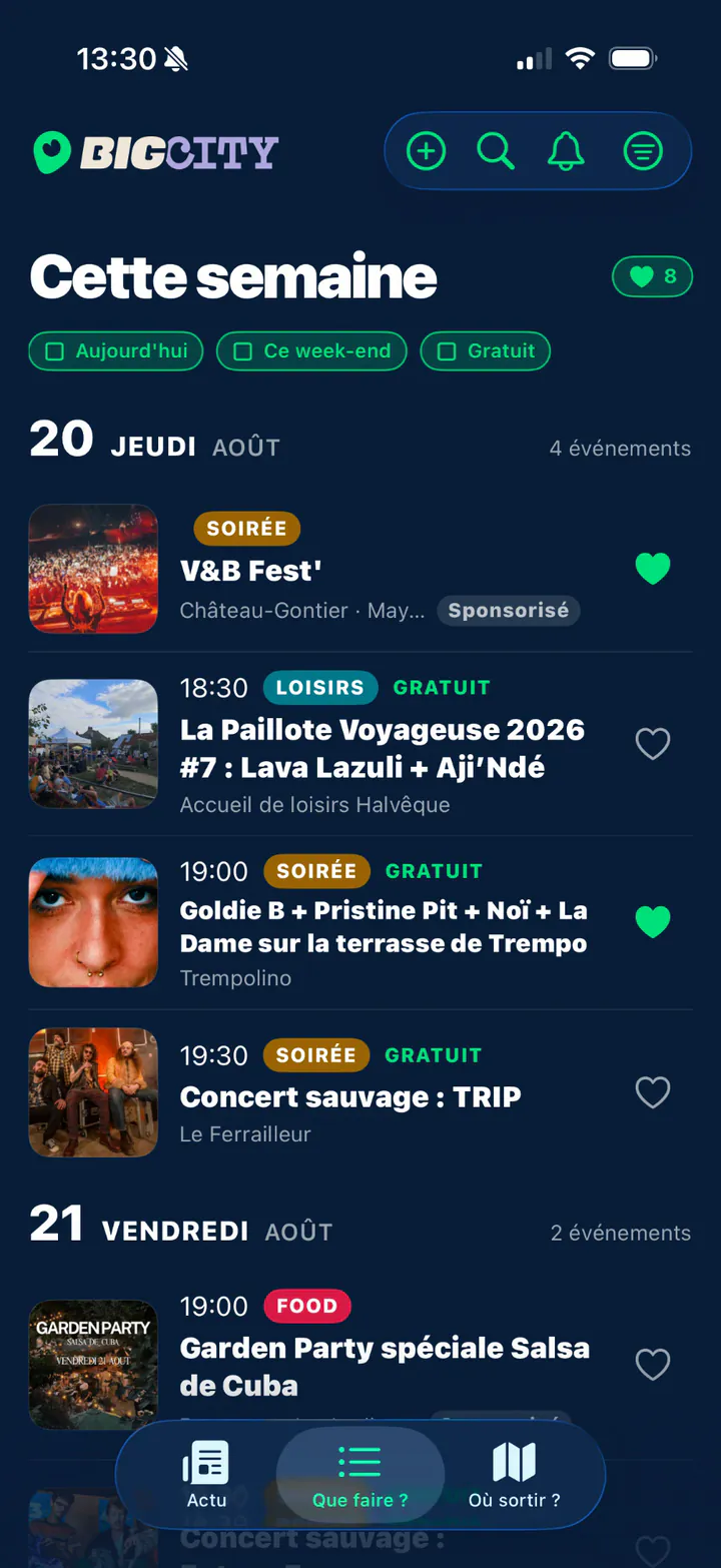 Écran d'accueil de l'application Big City : l'agenda de la semaine, jour par jour, avec les filtres Aujourd'hui, Ce week-end et Gratuit.