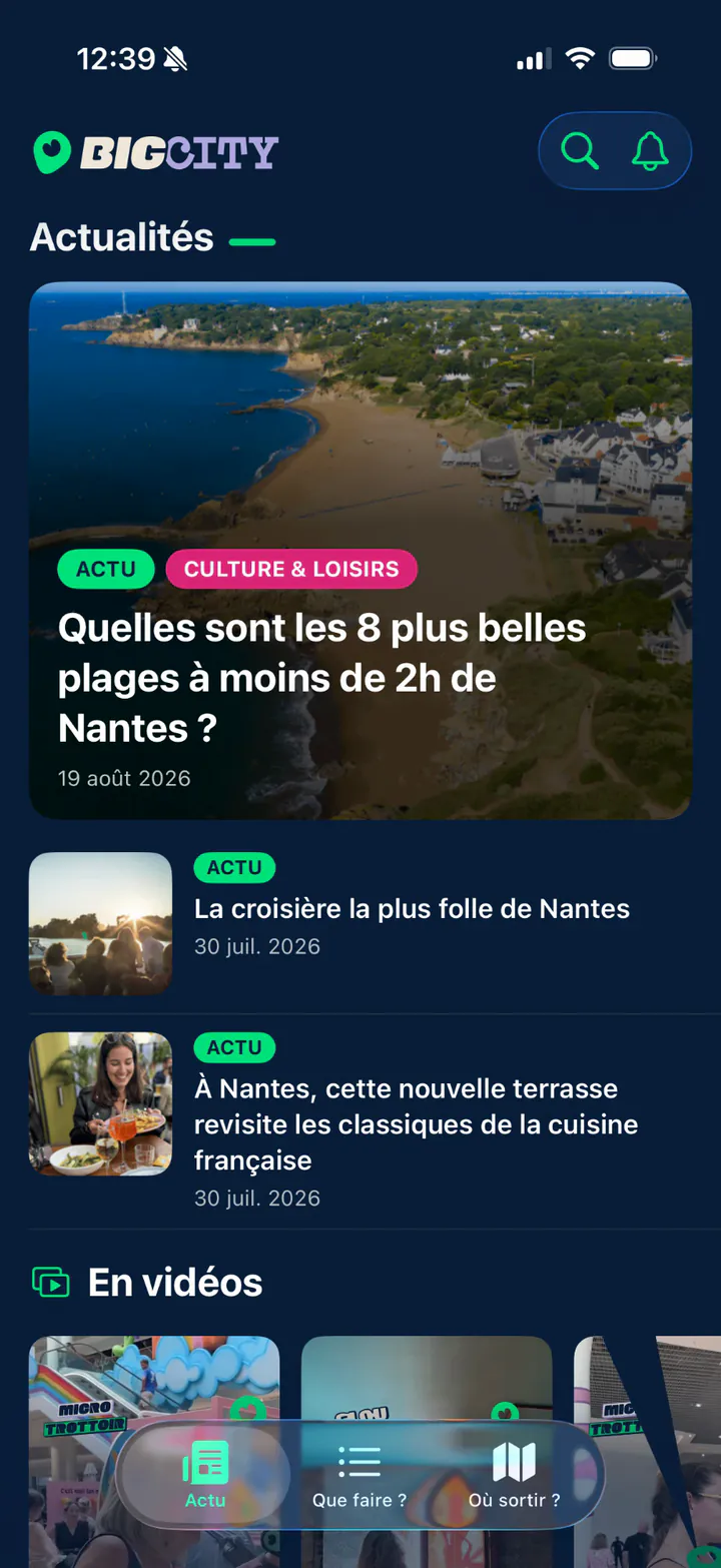 Onglet Actu de l'application Big City : les articles de la rédaction et la sélection « En vidéos ».