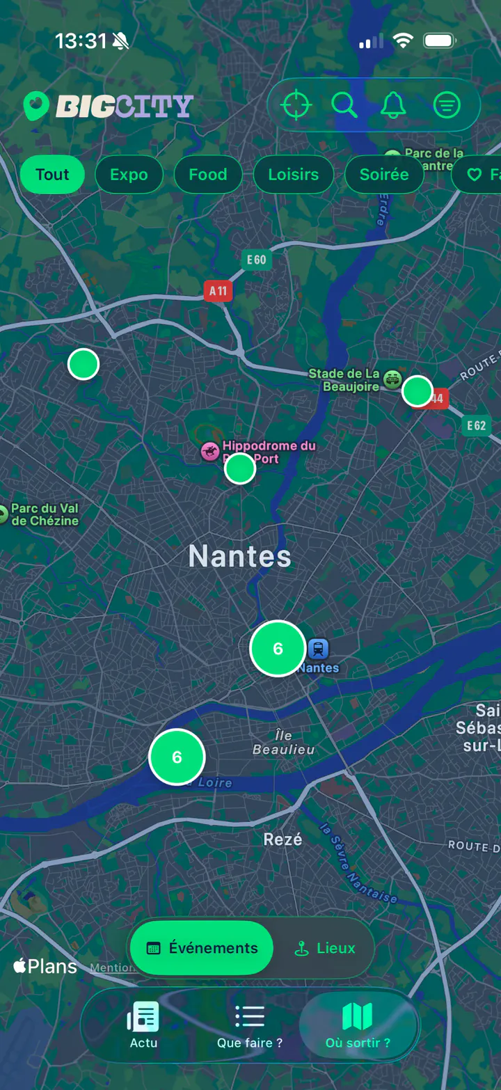 Carte interactive avec les événements géolocalisés autour de soi.