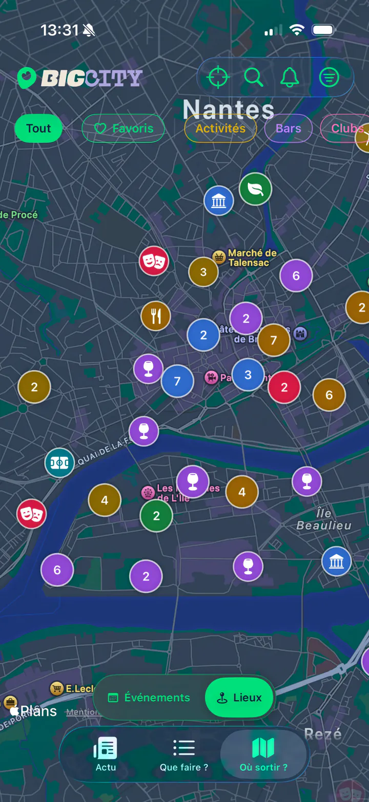 Carte des lieux : bars, restaurants, musées, théâtres et plus, classés par catégorie.